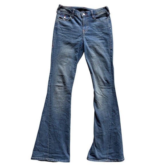 True Religion Denim - True Religion Joey Mid Rise Flare Jeans Blue Pink Contrast Stitching Size 28